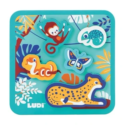Image de Ludi Puzzle Mousse Jouet D&#039;Éveil Jeu D&#039;Encastrement Dès 12 Mois Stimule La Motricité Et Développe L&#039;Imagination 5 Animaux De Jungle 1 Plateau Waterproof 20x20x1,5 cm