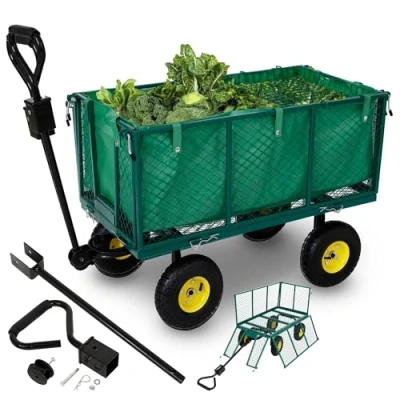 Image de Arebos Chariot à Bras de Jardin avec pneus profilés Charge Max. 550kg Pliable Vert bâche Amovible poignée et Timon Inclus Plate Forme
