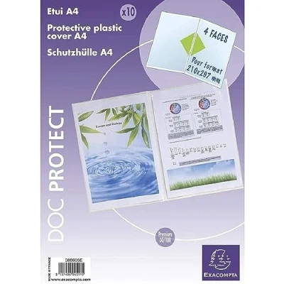 Image de Exacompta Réf. 388605E Sachet de 10 étuis protection double 4 faces pour protéger les documents au format A4 (21 x 29,7 cm) En PVC lisse Haute qualité Usage intensif Couleur cristal
