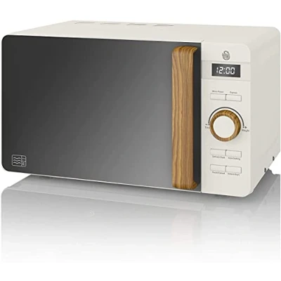 Image de Swan Nordic Micro ondes Numérique 20 L, 6 Niveaux de Fonctionnement, 800 W Puissance, Minuterie 30 min, Nettoyage Facile, Mode Dégivreur, Design Moderne, Poignée Effet Bois, Blanc Mat SM22036WHTNEUN