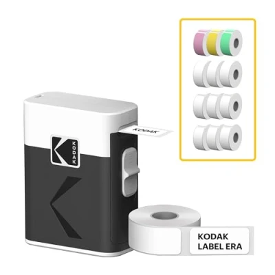 Image de KODAK Label Era M50 Maker Machine Bundle, Blanc (Imprimeur avec 1 Rouleau Autocollant + 12 Rouleaux, 9 Rose/Vert/Jaune chacun)