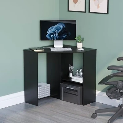 Image de Vida Designs Hetton Bureau d&#039;angle en Bois d&#039;ingénierie avec étagères, Table de pour Ordinateur Portable, Station Travail, Meuble Jeu, Noir, 76 x 100 70 cm