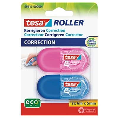 Image de tesa Mini Roller de Correction EcoLogo Pack 2 Rollers avec Design Ergonomique Multicolore Dimension du Ruban: 6 m x 5 mm Bleu/Rose