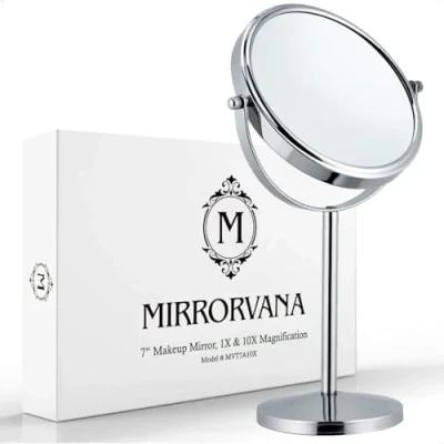 Image de Miroir Grossissant x10, Rond pour Salle de Bain, Table Maquillage avec Rotation à 360, Loupe sur Pied 10 Fois et 1 Fois, 18cm