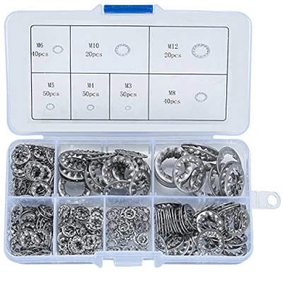 Image de 270 Pièces Rondelles Dentées Internes, de Blocage Acier Inox, M3/M4/M5/M6/M8/M10/M12 à Ressort Serrage Kit Assortiment