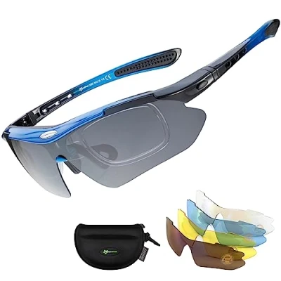Image de ROCKBROS Lunette de Sport Polarisées Homme Cyclisme VTT Protection UV400 Soleil Noir/Bleu pour Vélo Pêche Course Conduite avec 5 Verres Interchangeable et Monture Myopes