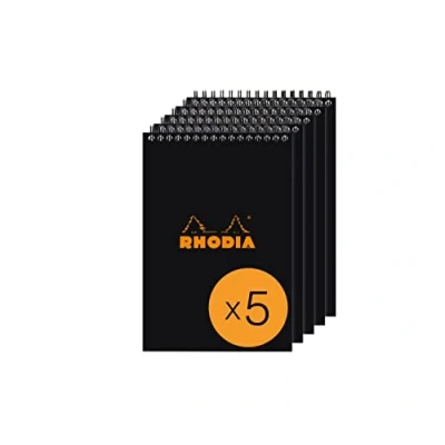 Image de RHODIA 165019Cpack Bloc Notes à Spirale (Reliure Intégrale) Noir A5 Ligné 80 Feuilles Détachables Papier Clairefontaine Blanc g/m² Couverture en Carte Enduite Paquet de 5 blocs