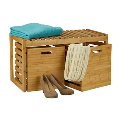 Image de Relaxdays Banc à chaussures, 2 boîtes de rangement, Banquette, Meuble entrée, couloir, bambou, HLP 44,5x80x40 cm, nature, 1 élément