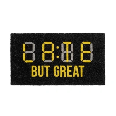 Image de Fisura Tapis de Porte Original “Late But Great en Coco avec Base antidérapante PVC. d&#039;entrée Maison. Noir et Jaune. Peint à la Main. Dimensions : 70 cm x 40