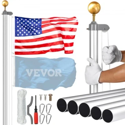Image de VEVOR Kit de mât Drapeau détachable 7550 mm, Drapeaux en Alliage d&#039;aluminium Robuste dans Le Sol pour extérieur, à 3 Modes d&#039;affichage avec Accessoires Professionnels, Argent