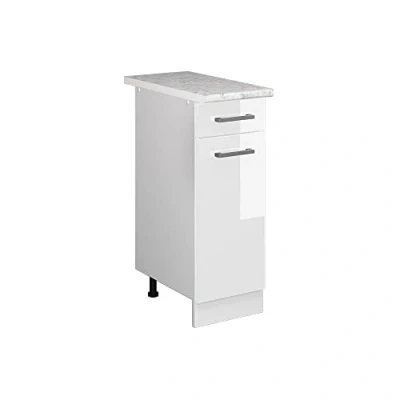 Image de Vicco Meuble Bas Universel R Line, Blanc Haute Brillance/Blanc, 30 cm avec tiroir, Plan de Travail