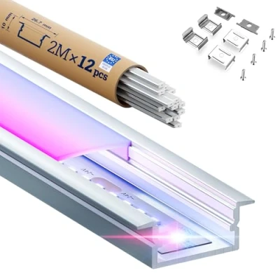 Image de KOSOOM Profilé Led 2m x 12 unités, 24 m, Profile alu pour Ruban Dimensions 19,7 mm 10 mm, bandes d’une largeur inférieure à 15.5 avec accessoires de montage