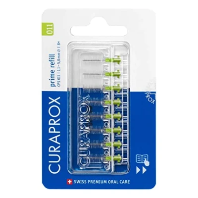 Image de Curaprox brossettes interdentaires CPS 011 prime, Refill, 8 pièces, vert, 1,1 mm de diamètre, 5 d&#039;efficacité, recharge, sans support