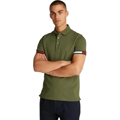 Image de Tommy Hilfiger Flag Cuff Slim Polo MW0MW37518 S/S, Khaki (Army Green), L Homme