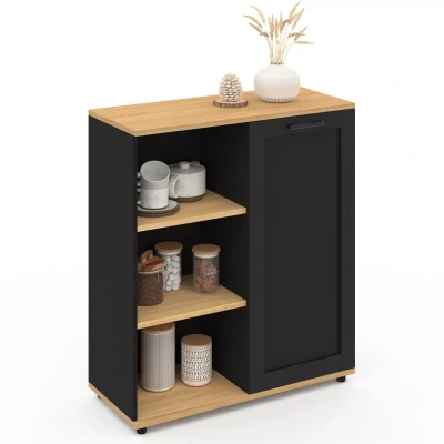 Image de Buffet d&#039;appoint 70 cm VITO 3 étagères et placard noir plateau bois