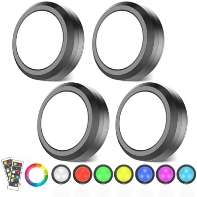 Image de MOUJUCHI eclairage led cuisine sous meuble, 4 PCS RGB spot sans fil lampe de placard lumiere avec télécommande et fonction minuterie Blanc