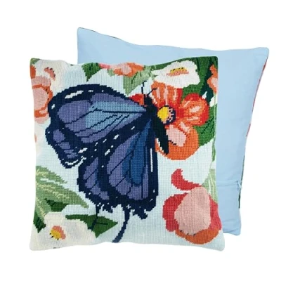 Image de Trimits Kit de coussin au point croix, dossier inclus, toile pré imprimée, fil et aiguille inclus 40 x cm, papillon