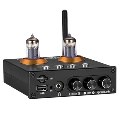 Image de Amplificateur À Tube, Tube Stéréo, Mini De Puissance Numérique Hi FI Bluetooth 5.0 2 Canaux Classe D, avec Télécommande, Contrôle des Basses Aigus