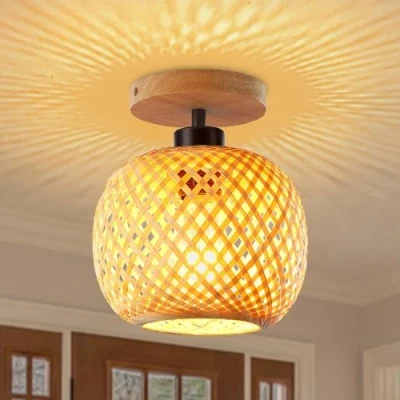 Image de Schindora Plafonnier semi encastré en bambou de style bohème fait à la main, abat jour bois rotin, luminaires ferme pour chambre coucher, d&#039;enfant, couloir, couloir