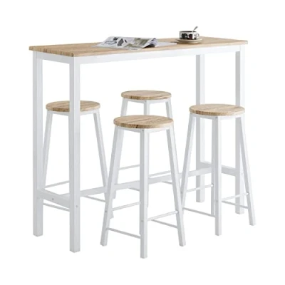 Image de SoBuy OGT22 WN Set de Table + 4 Tabourets Ensemble Bar Bistrot avec Repose Pieds Mange Debout Haute Cuisine (Blanc)