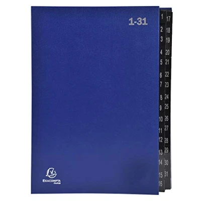 Image de Exacompta Réf. 57042E 1 trieur Ordonator couverture rigide intérieur en carte noire onglets plastifiés numériques de à 31 32 compartiments dim 25x33 cm pour A4 couleur bleu