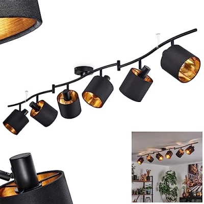 Image de plafonnier Alsen, en métal/tissu noir/or, avec spots et bras de lampe orientables, spot, 6 x E14, ampoule(s) non incluse(s)