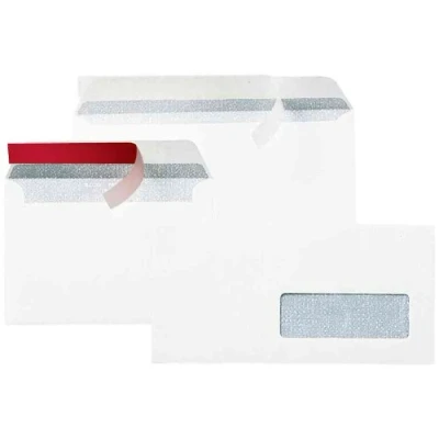 Image de Boîte de 500 enveloppes blanches DL 110x220 80 g/m² fenêtre 45x100 bande protection