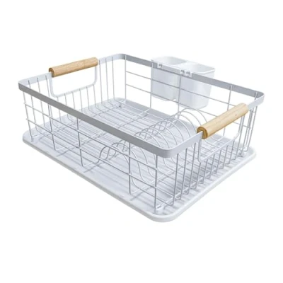 Image de Amig Égouttoir Graz 42 x 31,5 15 cm Acier avec Poignée en Bois Couleur Blanc Plateau d&#039;Égouttage et Support pour Couverts Capacité 10 Assiettes 6 Verres