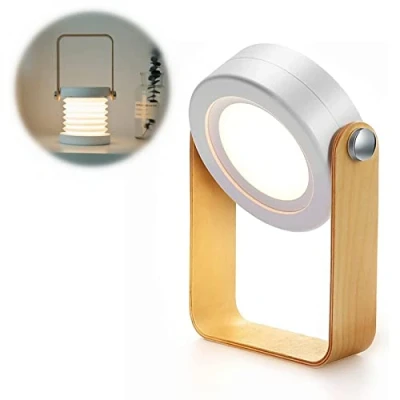 Image de ALLOMN Lampe de Table, Veilleuse Télescopique Pliante Portable, Lecture à LED avec Manche en bois, Luminosité sur 3 Niveaux, Réglable, Chargement par USB, Soin des Yeux
