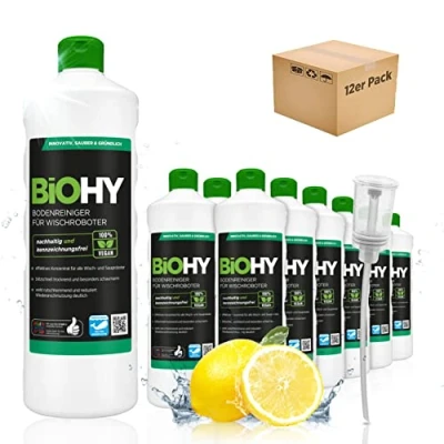 Image de BiOHY Nettoyant de sol pour robot aspirateur laveur (12 x 1l Bouteille) + Distributeur concentré tous les robots d&#039;essuyage et d&#039;aspiration à fonction humide (Wischroboter Frisch)