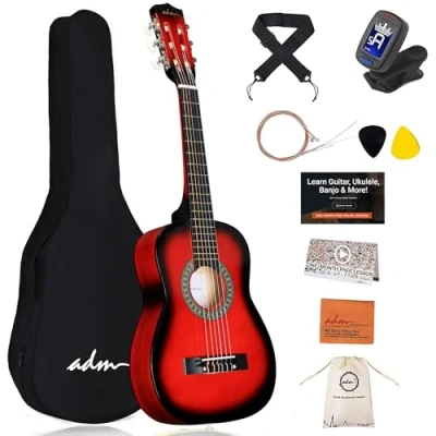 Image de ADM Kit de guitare classique 1/4 pour enfants, 76,2 cm débutants avec sac transport, accordeur à clipser, sangle, médiators, cordes supplémentaires, rangement et chiffon nettoyage