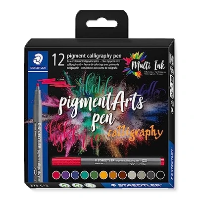 Image de STAEDTLER Pigment Art Calligraphy 375 Etui Carton 12 Feutres Pointe Calligraphie 2 mm Couleurs Assorties C12