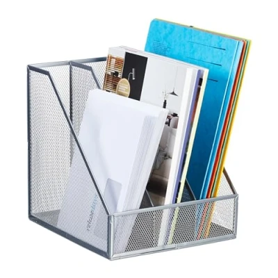 Image de Relaxdays Range revues, 3 Compartiments, Format A4, Design Maille, HLP 26x24x26 cm, Bureau/télétravail, métal, argenté
