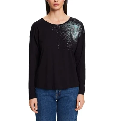 Image de edc by Esprit MIT Rundhalsausschnitt UND Print Tshirt à manches longues, Femme, Taille: Large, Black