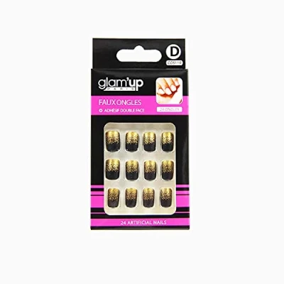 Image de Glam’Up Paris Faux Ongles Pleine Couverture Facile à Utiliser Forme Carrée Arrondie N119 Noir Dégradé Paillètes Doré