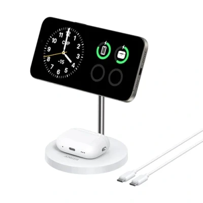 Image de Anker Base de Recharge à Induction, Support Ajustable 2 en 1, câble USB C vers 1,5 m, Double LED, Ultra Rapide MagSafe 15 W pour iPhone séries 15/14 et 5 AirPods (sans Adaptateur CA)