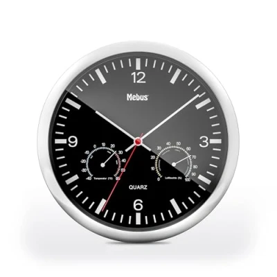 Image de Mebus Quarz Wanduhr mit Thermometer und Hygrometer/silberner Rahmen/Schwarzes Zifferblatt / 25cm Durchmesser/Rund/Modell: 56731 Farbe: Silber, Schwarz