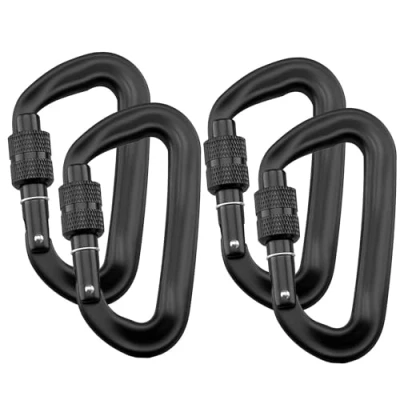 Image de Intirilife Set de 4 Mousquetons 12 KN 1200 kg Noir 8.2 x 4.6 1.5cm Mousqueton à vis en Forme D, Twist Locking, Crochet pour hamacs, Camping, randonnée, Laisse Chien, Porte clés
