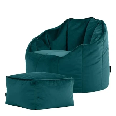 Image de Icon Fauteuil Pouf et Repose Pieds, Sirena, Bleu Canard, Velours, Salon Tabouret Pouf, Adulte avec Remplissage