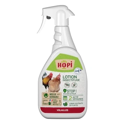 Image de HOPI Lotion insectifuge Bassecour 500 ML Conçue pour Les volailles (Poules, Poulets, Canards, oies, …) et Leur Environnement Protection Anti parasitaire Tenue 1 à 2 semaines Fabriqué en France