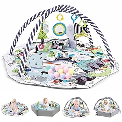 Image de TFDER Tapis de jeu multifonctionnel pour nouveau nés avec 7 jouets sensoriels détachables, facile à nettoyer, d&#039;éveil et jeux éducatif jouer bébés partir 0 mois(Blanc Gris)