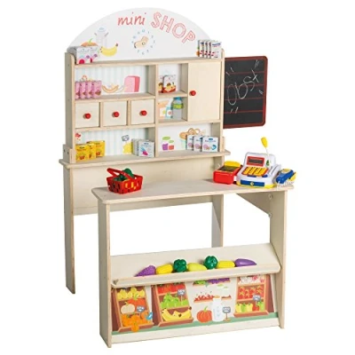 Image de roba Marchande en Bois Brut Minishop pour Enfants dès 3 Ans + de 100 Pièces d&#039;Accessoires une Vraie Caisse Enregistreuse et Haut Parleur Horloge Tableau Motif Aliments
