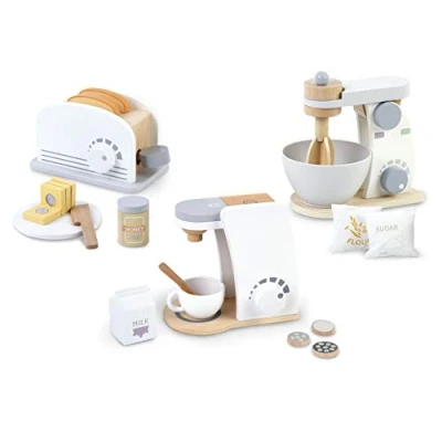 Image de Leomark Ensemble de Jeu en Bois 3 1 Grille Pain Bois, Robot Cuisine, Machine à café, Accessoires pour Enfant, d&#039;Imitation + Pendentif réfléchissant