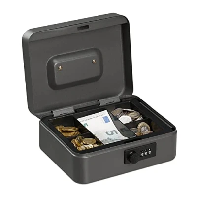 Image de relaxdays Caisse à Monnaie, avec Combinaison 3 Chiffres, Rangement d’Argent en Fer, H x L P 8,5 20 17 cm, Gris