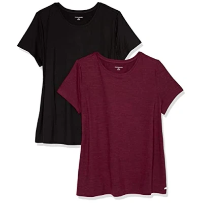Image de Amazon Essentials T shirt à manches courtes et col rond Tech Stretch (disponible en grande taille) Femme, Lot de 2, Bordeaux Teinture Spatiale/Noir, L
