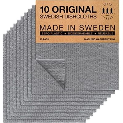 Image de SUPERSCANDI Torchon Suedois Lot de 10 Gris Chiffon Nettoyage en Cellulose biodégradable réutilisable et Durable pour la Cuisine, Vaisselle, Durable/Coton Naturel renouvelable