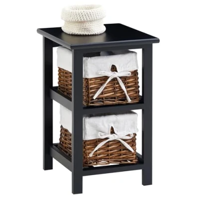 Image de IDIMEX Table de Chevet Nokomis Nuit en Bois avec 2 paniers Osier et Insert Tissu Blanc, Meuble Style Rustique pour Chambre lasuré Noir