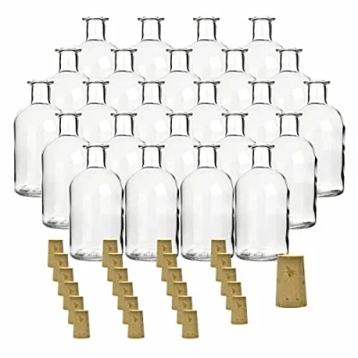 Image de gouveo Lot de 24 bouteilles d&#039;apothicaire en verre 250 ml avec bouchon liège Bouteille ronde à remplir vide pour liqueur, huile, vinaigre (AFRT250SKE)