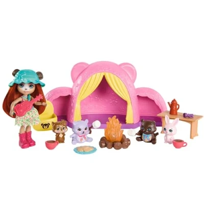Image de Enchantimals Coffret Tente De Camping Cuddlers avec Poupée Et 4 Figurines D’Animaux, Sac Couchage, Feu Camp, Autres Accessoires Inclus, Jouet Enfant, A Partir Ans, HTW71