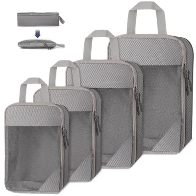 Image de WUFANC Organisateur Valise Compressible Ensemble De 4 Pièces, Rangement Imperméables Et Faciles à Ranger, Maille Respirante Visible Packing Cubes Compression (Gris)